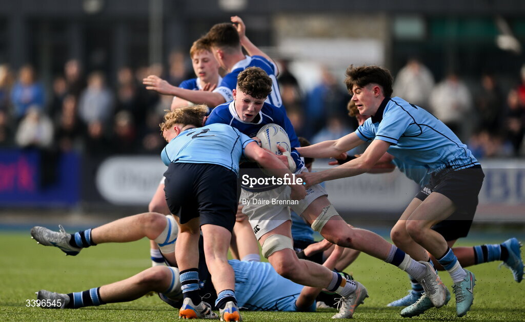 20 March 2026; Finn McEntee of St Mary’s College is tackled by James Farrell of St Michael’s College during the Bank of Ireland Leinster Rugby Boys Schools Junior Cup final match between St Mary's College and St Michael's College at Energia Park in Dublin. Photo by Daire Brennan/Sportsfile