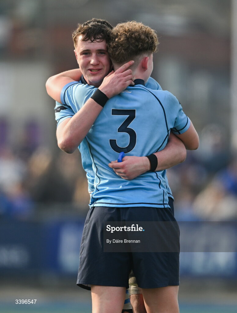 20 March 2026; Ryan O’Malley, left, and David Kelly of St Michael’s College celebrate after the Bank of Ireland Leinster Rugby Boys Schools Junior Cup final match between St Mary's College and St Michael's College at Energia Park in Dublin. Photo by Daire Brennan/Sportsfile