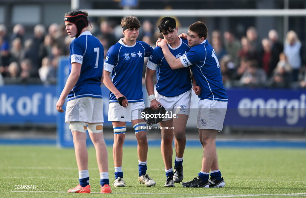 20 March 2026; Dejected St Mary's College players, left to right, Will Sheridan, Jacob Friedrich, and Evan Chambers, after the Bank of Ireland Leinster Rugby Boys Schools Junior Cup final match between St Mary's College and St Michael's College at Energia Park in Dublin. Photo by Daire Brennan/Sportsfile