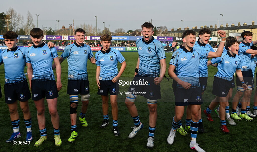 20 March 2026; St Michael's College players celebrate after the Bank of Ireland Leinster Rugby Boys Schools Junior Cup final match between St Mary's College and St Michael's College at Energia Park in Dublin. Photo by Daire Brennan/Sportsfile