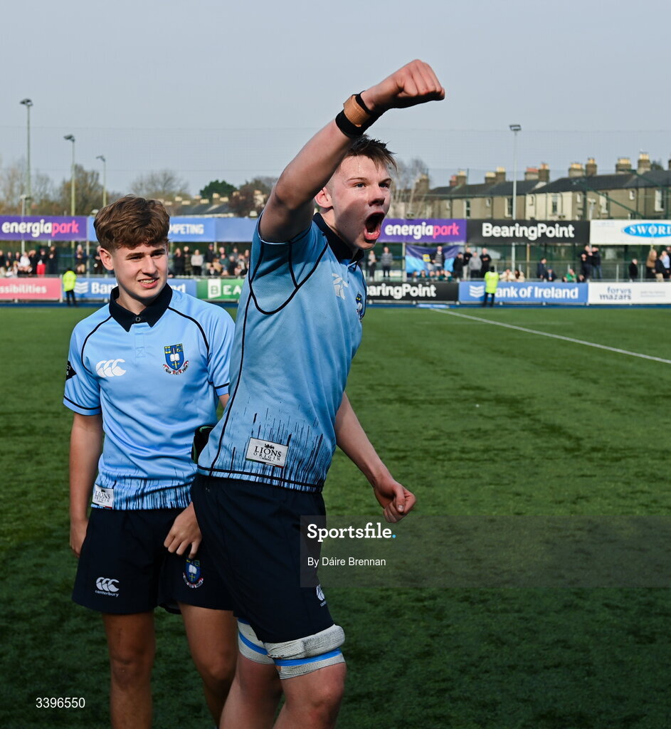 20 March 2026; Hugh Draper of St Michael’s College celebrates after the Bank of Ireland Leinster Rugby Boys Schools Junior Cup final match between St Mary's College and St Michael's College at Energia Park in Dublin. Photo by Daire Brennan/Sportsfile