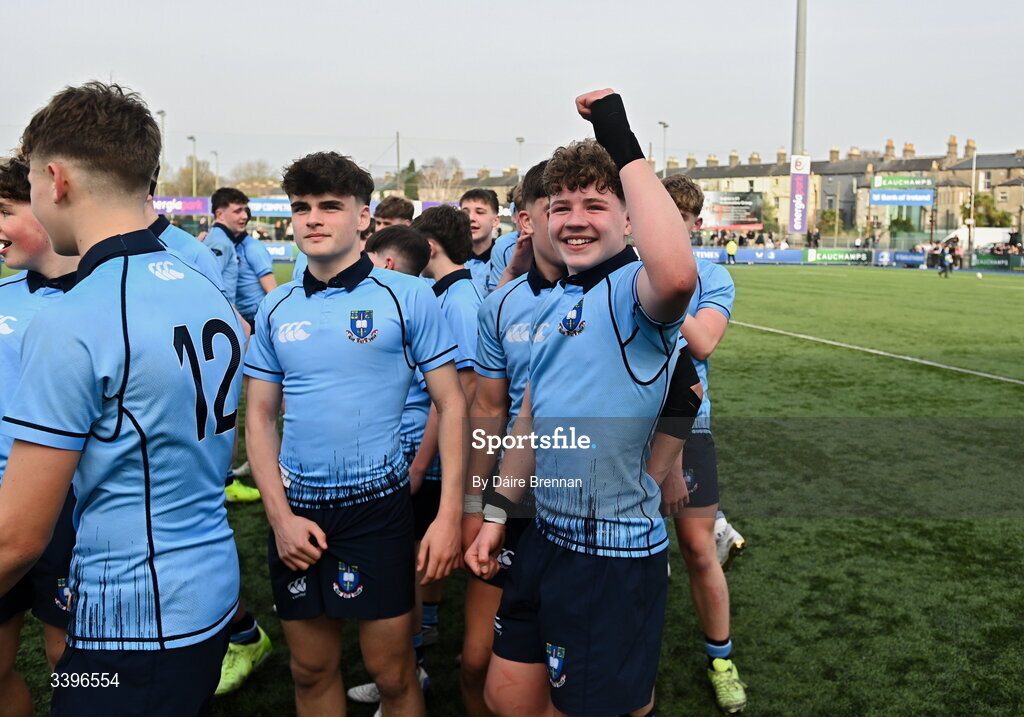 20 March 2026; David Kelly of St Michael’s College celebrates after the Bank of Ireland Leinster Rugby Boys Schools Junior Cup final match between St Mary's College and St Michael's College at Energia Park in Dublin. Photo by Daire Brennan/Sportsfile