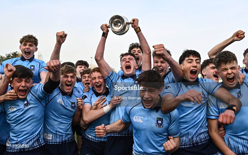 20 March 2026; St Michael's College captain Ryan O’Malley lifts the cup after the Bank of Ireland Leinster Rugby Boys Schools Junior Cup final match between St Mary's College and St Michael's College at Energia Park in Dublin. Photo by Daire Brennan/Sportsfile