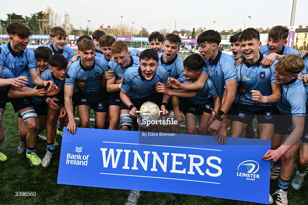20 March 2026; Ryan O’Malley of St Michael’s College gets ready to lift the cup after the Bank of Ireland Leinster Rugby Boys Schools Junior Cup final match between St Mary's College and St Michael's College at Energia Park in Dublin. Photo by Daire Brennan/Sportsfile