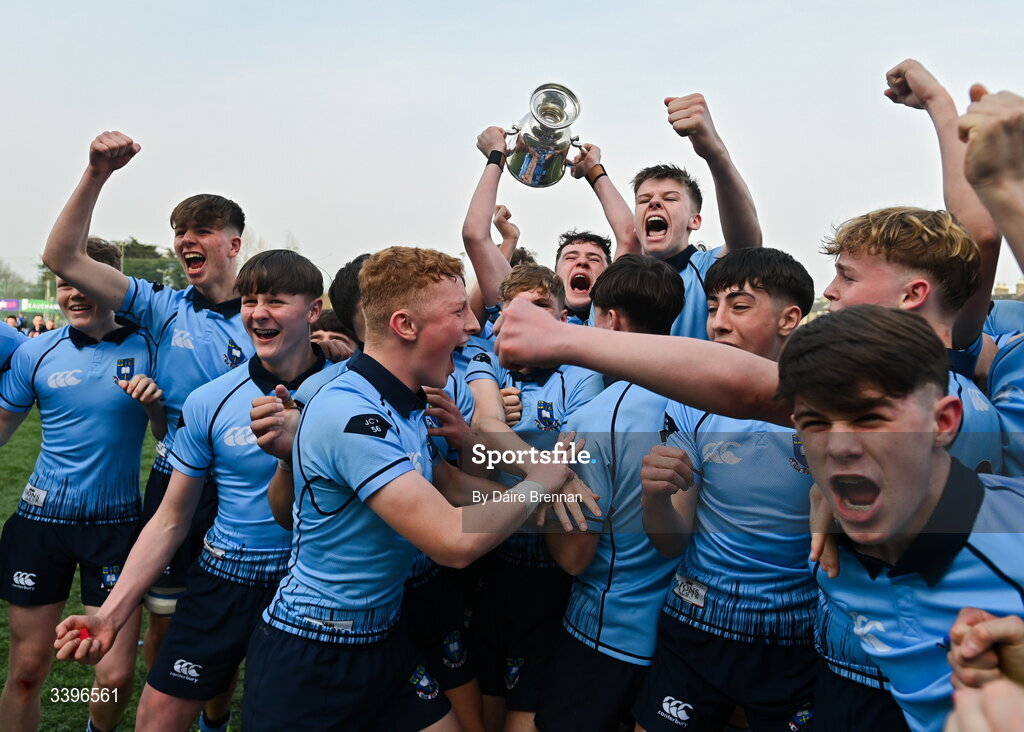 20 March 2026; St Michael's College captain Ryan O’Malley lifts the cup after the Bank of Ireland Leinster Rugby Boys Schools Junior Cup final match between St Mary's College and St Michael's College at Energia Park in Dublin. Photo by Daire Brennan/Sportsfile