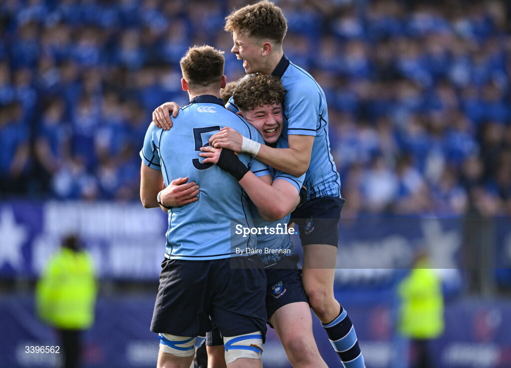 20 March 2026; St Michael's College players, left to right, Hugh Draper, David Kelly, and John Gunne celebrate after the Bank of Ireland Leinster Rugby Boys Schools Junior Cup final match between St Mary's College and St Michael's College at Energia Park in Dublin. Photo by Daire Brennan/Sportsfile