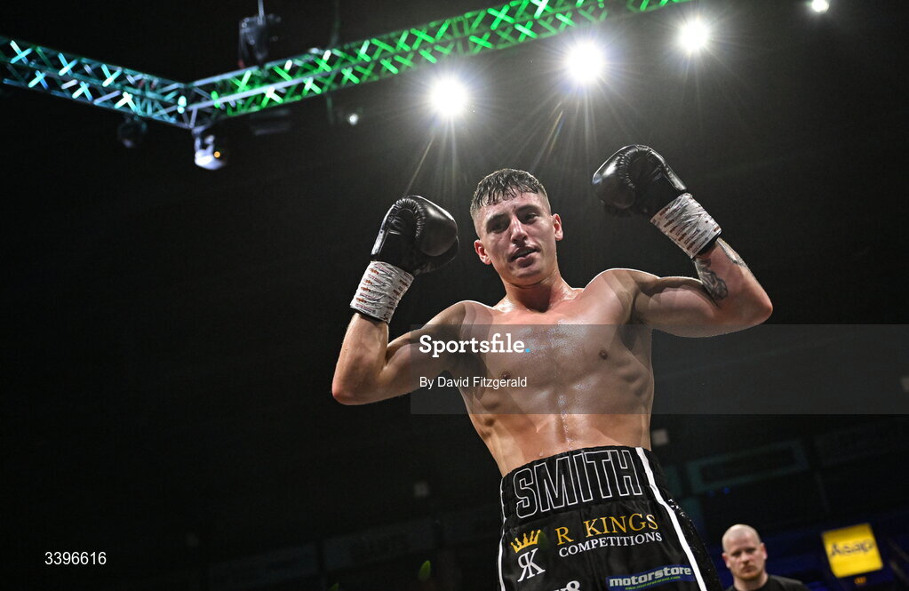 20 March 2026; Kyle Smith celebrates after his victory over Eduardo Vera Sanchez during their super welterweight bout at the SSE Arena in Belfast. Photo by David Fitzgerald/Sportsfile