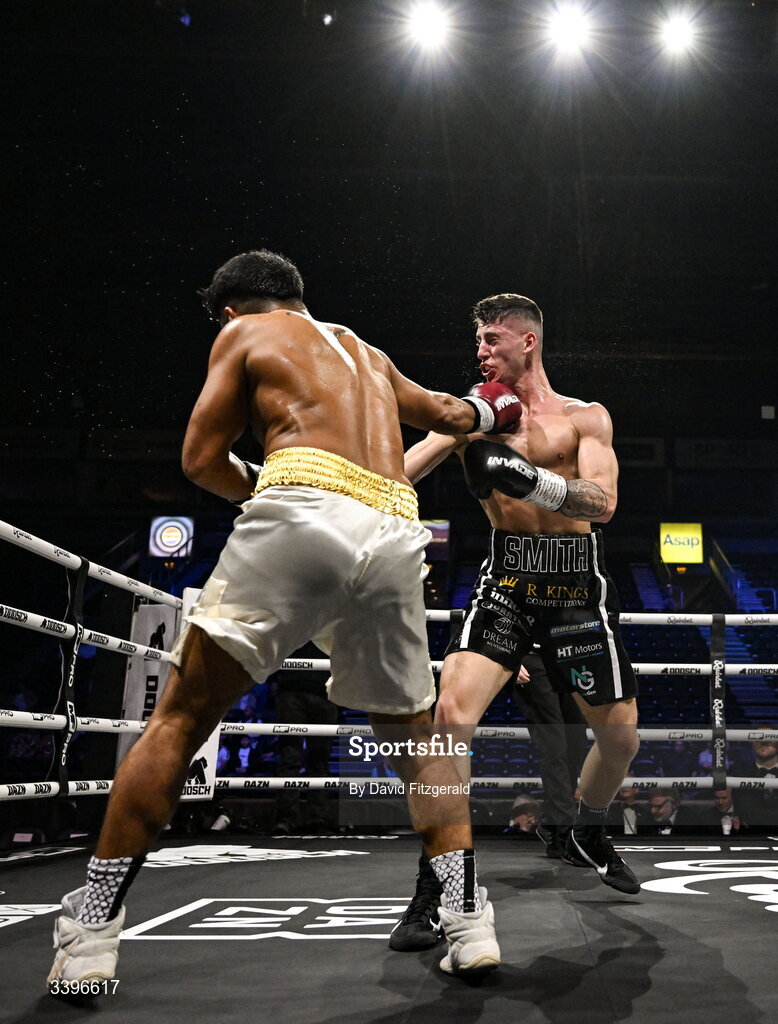 20 March 2026; Kyle Smith, right, in action against Eduardo Vera Sanchez during their super welterweight bout at the SSE Arena in Belfast. Photo by David Fitzgerald/Sportsfile