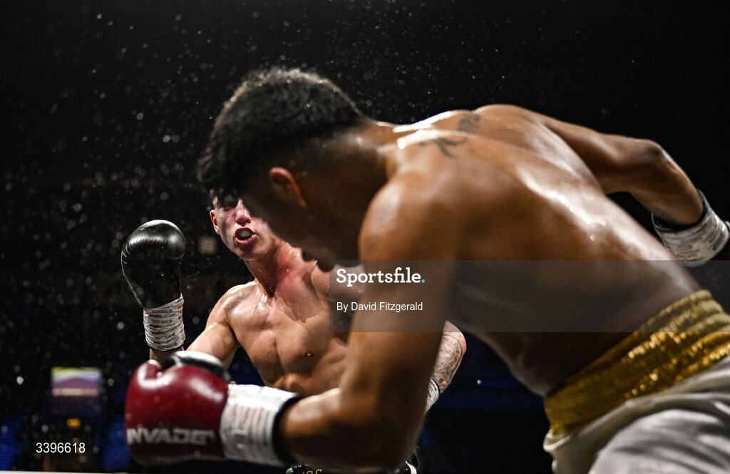 20 March 2026; Kyle Smith, left, in action against Eduardo Vera Sanchez during their super welterweight bout at the SSE Arena in Belfast. Photo by David Fitzgerald/Sportsfile