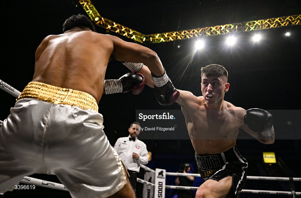 20 March 2026; Kyle Smith, right, in action against Eduardo Vera Sanchez during their super welterweight bout at the SSE Arena in Belfast. Photo by David Fitzgerald/Sportsfile