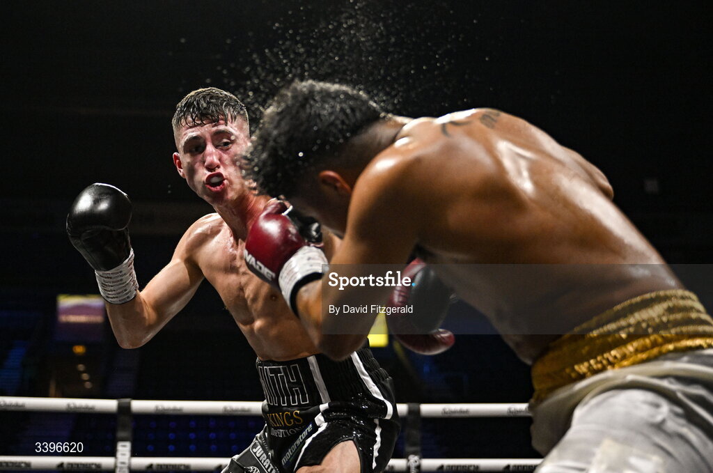 20 March 2026; Kyle Smith, left, in action against Eduardo Vera Sanchez during their super welterweight bout at the SSE Arena in Belfast. Photo by David Fitzgerald/Sportsfile