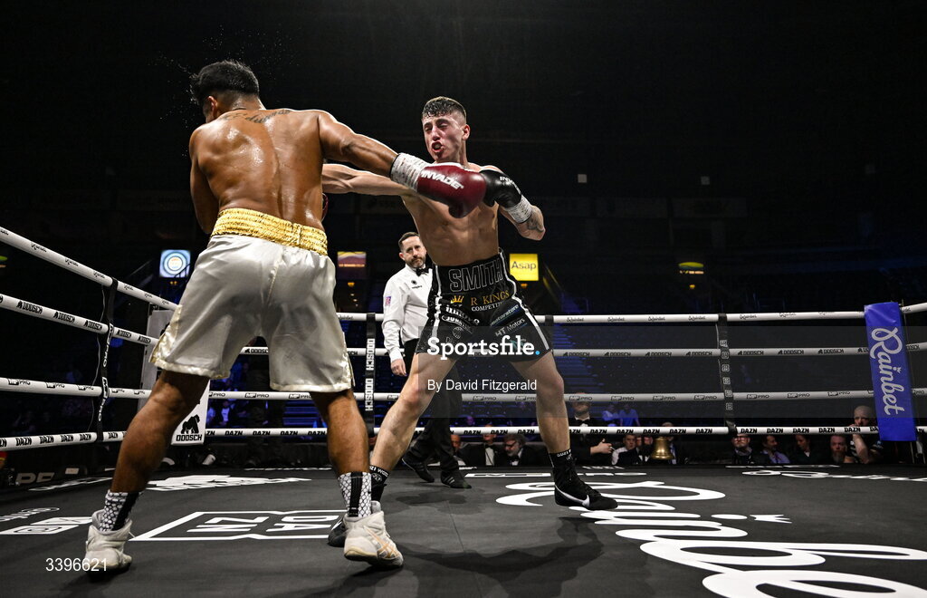 20 March 2026; Kyle Smith, right, in action against Eduardo Vera Sanchez during their super welterweight bout at the SSE Arena in Belfast. Photo by David Fitzgerald/Sportsfile
