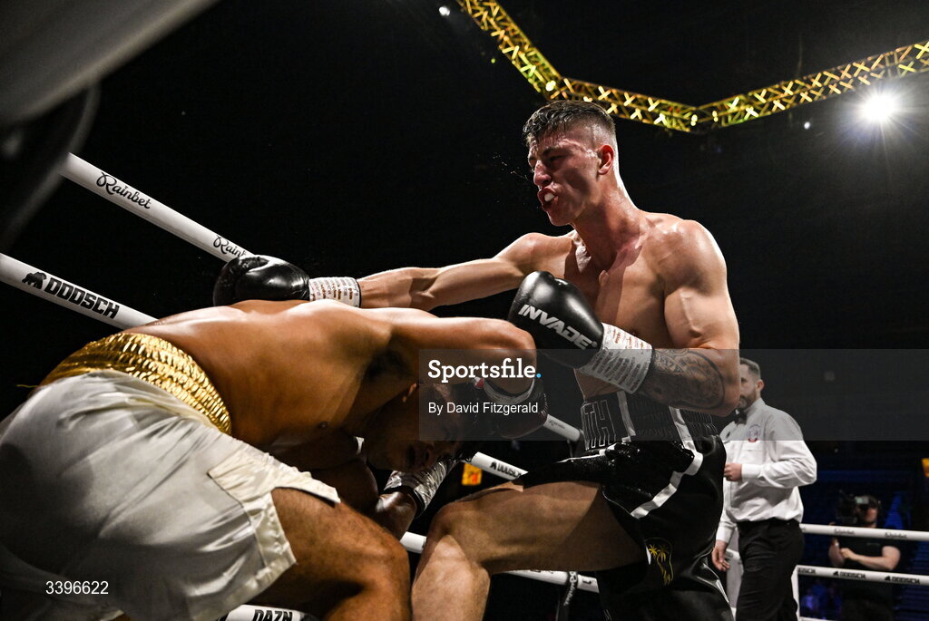 20 March 2026; Kyle Smith, right, in action against Eduardo Vera Sanchez during their super welterweight bout at the SSE Arena in Belfast. Photo by David Fitzgerald/Sportsfile