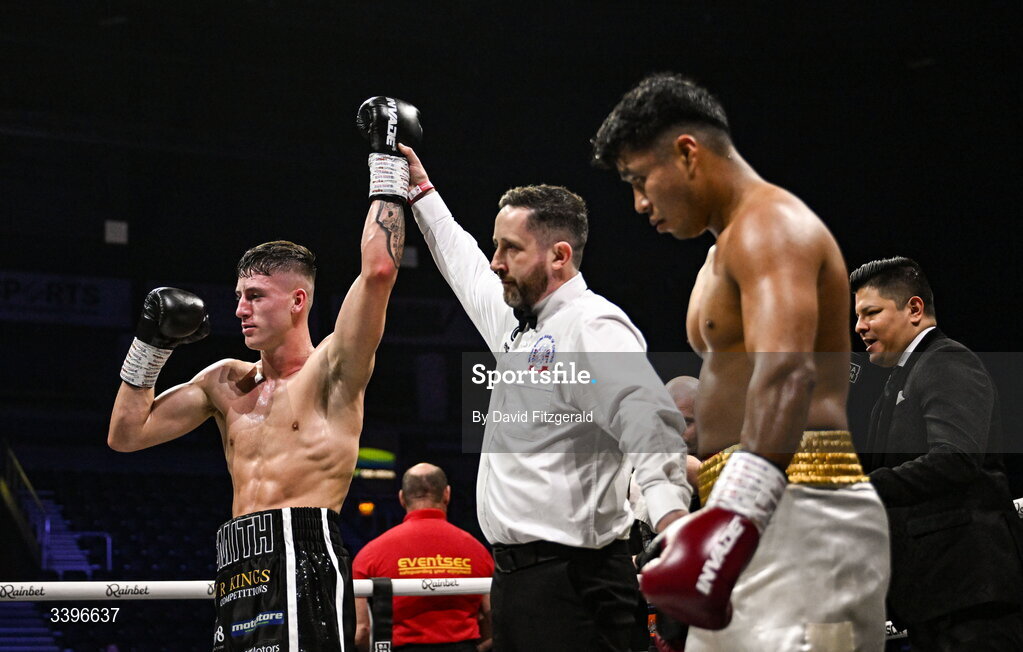 20 March 2026; Kyle Smith, left, celebrates after his victory over Eduardo Vera Sanchez during their super welterweight bout at the SSE Arena in Belfast. Photo by David Fitzgerald/Sportsfile