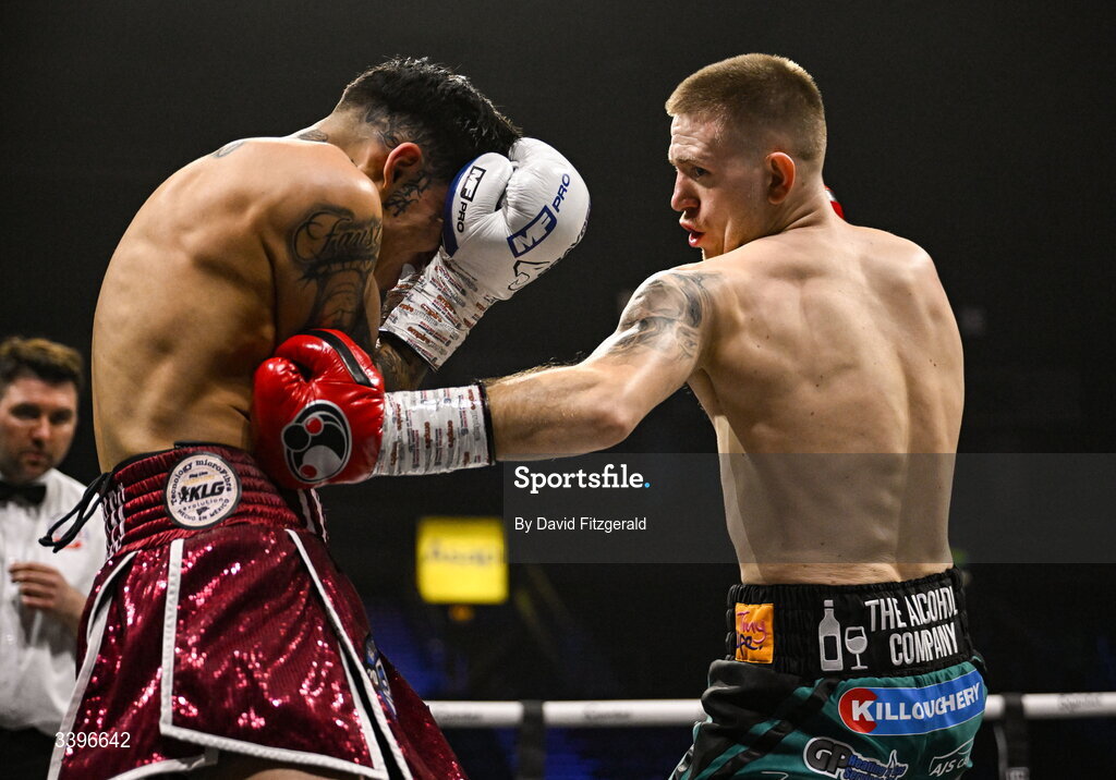 20 March 2026; Kurt Walker, right, in action against Yahir Alexander Solorio Morales during their lightweight bout at the SSE Arena in Belfast. Photo by David Fitzgerald/Sportsfile