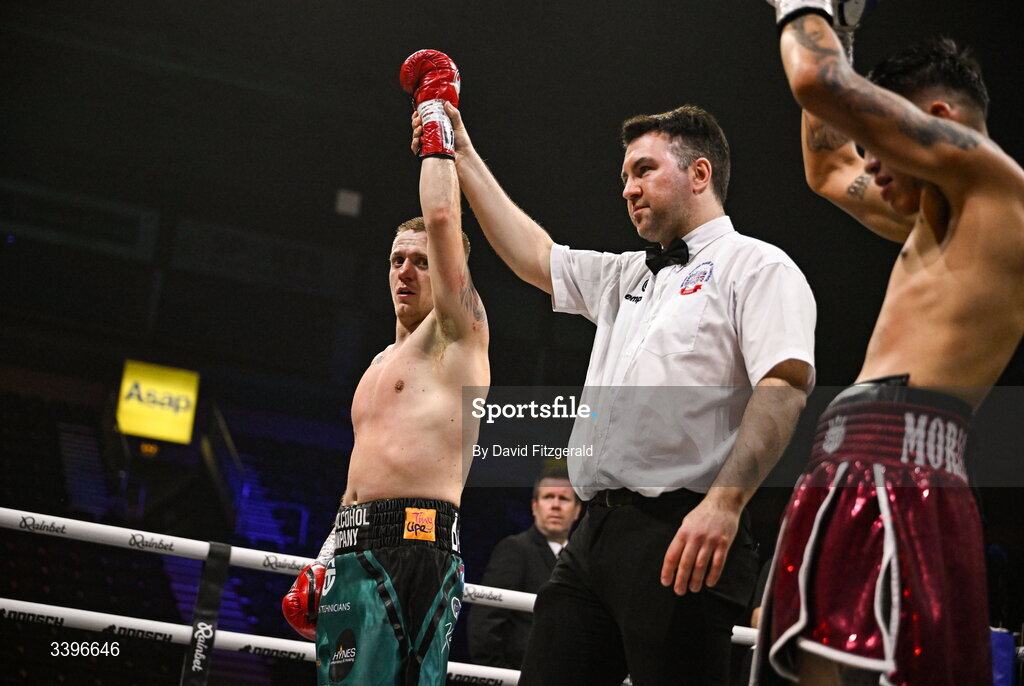 20 March 2026; Kurt Walker, left, celebrates after his victory over Yahir Alexander Solorio Morales during their lightweight bout at the SSE Arena in Belfast. Photo by David Fitzgerald/Sportsfile