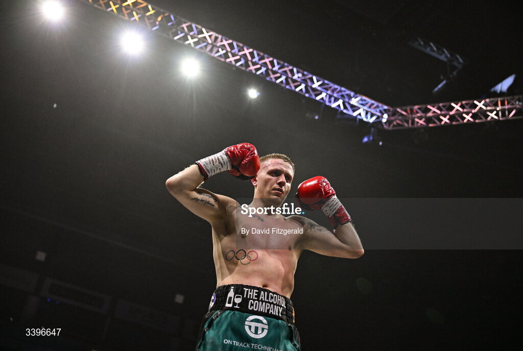 20 March 2026; Kurt Walker celebrates after his victory over Yahir Alexander Solorio Morales during their lightweight bout at the SSE Arena in Belfast. Photo by David Fitzgerald/Sportsfile