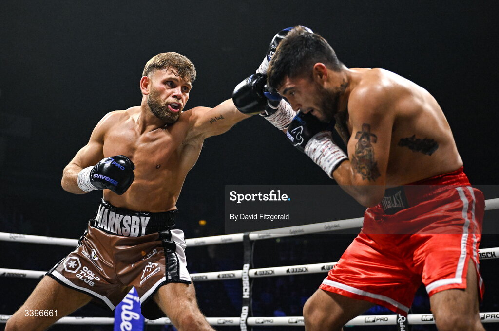 20 March 2026; Ben Marksby, left, in action against Carlos Daniel Cordoba during their super lightweight bout at the SSE Arena in Belfast. Photo by David Fitzgerald/Sportsfile