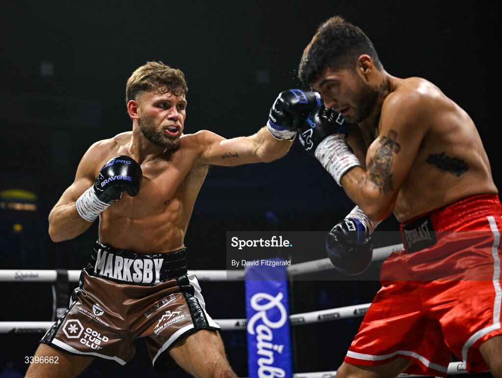 20 March 2026; Ben Marksby, left, in action against Carlos Daniel Cordoba during their super lightweight bout at the SSE Arena in Belfast. Photo by David Fitzgerald/Sportsfile
