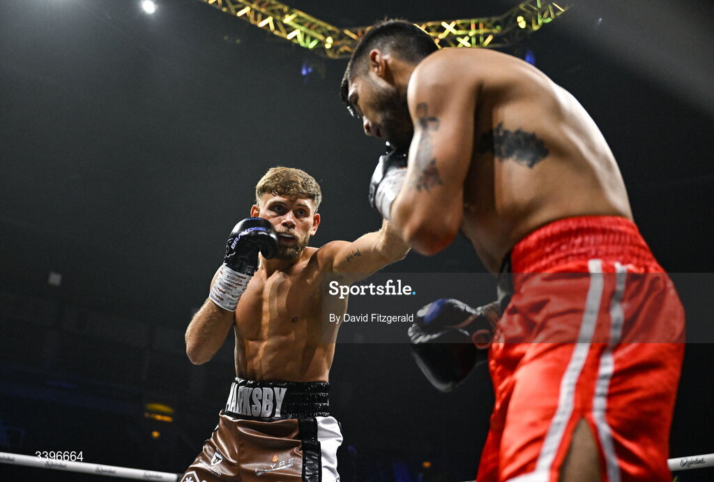 20 March 2026; Ben Marksby, left, in action against Carlos Daniel Cordoba during their super lightweight bout at the SSE Arena in Belfast. Photo by David Fitzgerald/Sportsfile