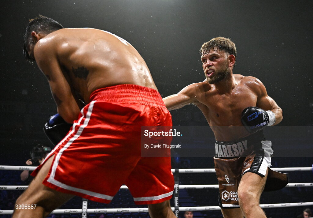20 March 2026; Ben Marksby, right, in action against Carlos Daniel Cordoba during their super lightweight bout at the SSE Arena in Belfast. Photo by David Fitzgerald/Sportsfile