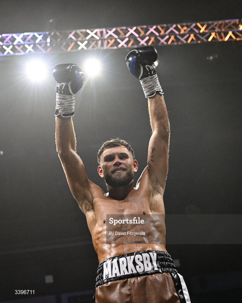 20 March 2026; Ben Marksby celebrates his victory over Carlos Daniel Cordoba during their super lightweight bout at the SSE Arena in Belfast. Photo by David Fitzgerald/Sportsfile