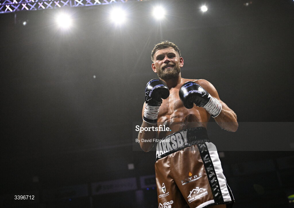 20 March 2026; Ben Marksby celebrates his victory over Carlos Daniel Cordoba during their super lightweight bout at the SSE Arena in Belfast. Photo by David Fitzgerald/Sportsfile