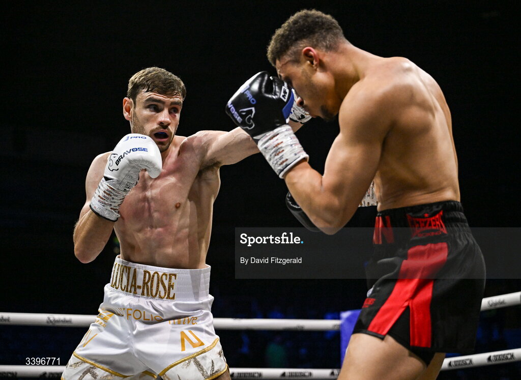 20 March 2026; Jak Corrie, left, in action against Jacob Quinn during their super welterweight bout at the SSE Arena in Belfast. Photo by David Fitzgerald/Sportsfile