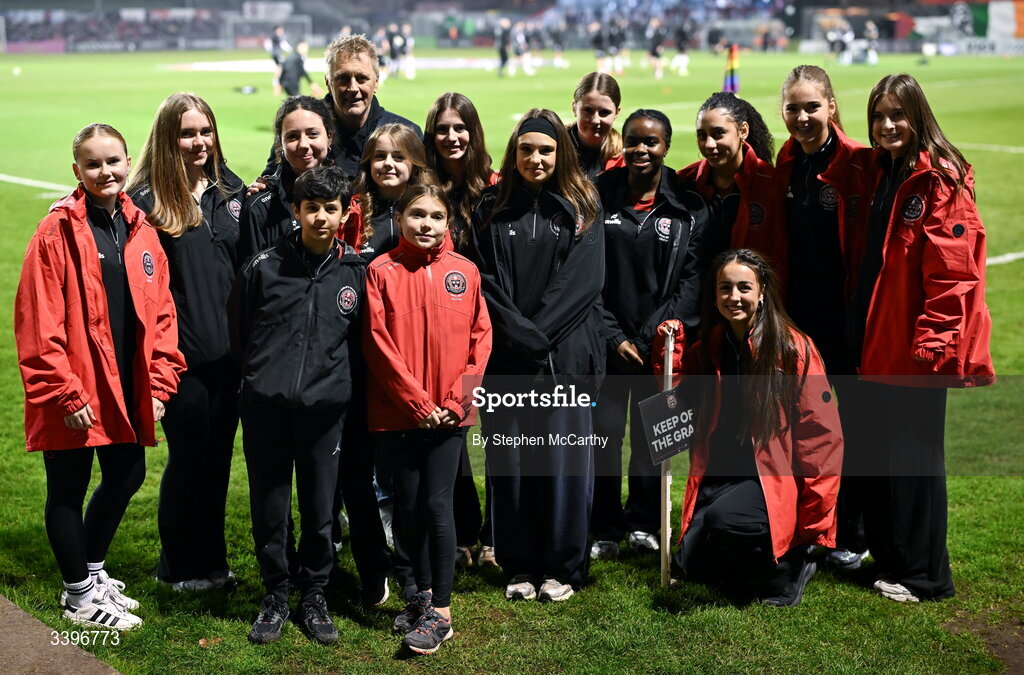 20 March 2026; Republic of Ireland head coach Heimir Hallgrimsson poses for a photograph with the Bohemians U16 team before the SSE Airtricity Men's Premier Division match between Bohemians and Dundalk at Dalymount Park in Dublin. Photo by Stephen McCarthy/Sportsfile