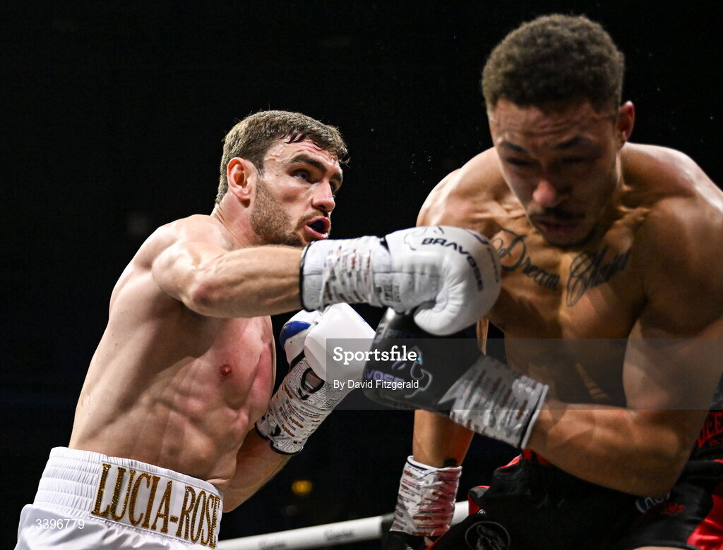 20 March 2026; Jak Corrie, left, in action against Jacob Quinn during their super welterweight bout at the SSE Arena in Belfast. Photo by David Fitzgerald/Sportsfile