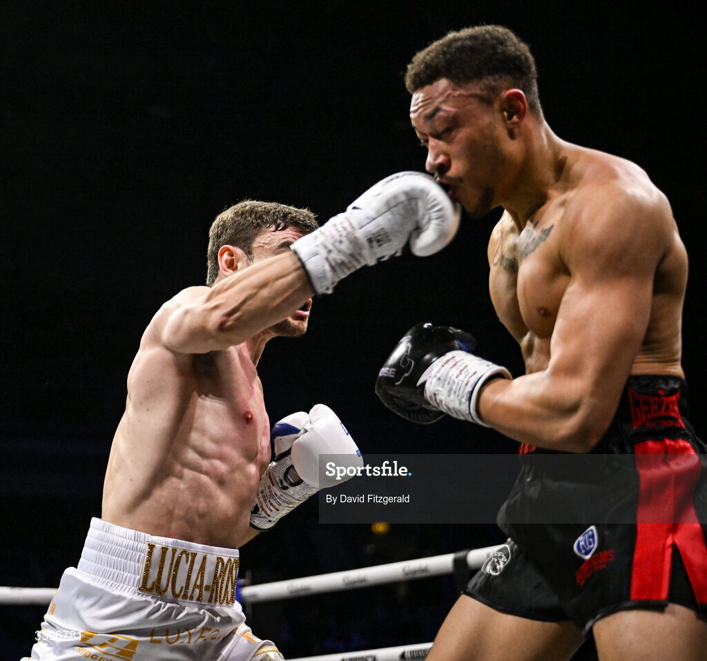 20 March 2026; Jak Corrie, left, in action against Jacob Quinn during their super welterweight bout at the SSE Arena in Belfast. Photo by David Fitzgerald/Sportsfile