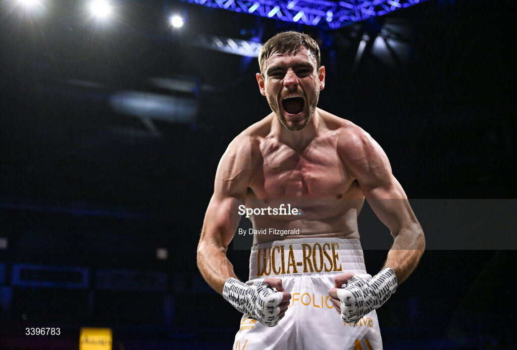 20 March 2026; Jak Corrie celebrates his victory over Jacob Quinn in their super welterweight bout at the SSE Arena in Belfast. Photo by David Fitzgerald/Sportsfile