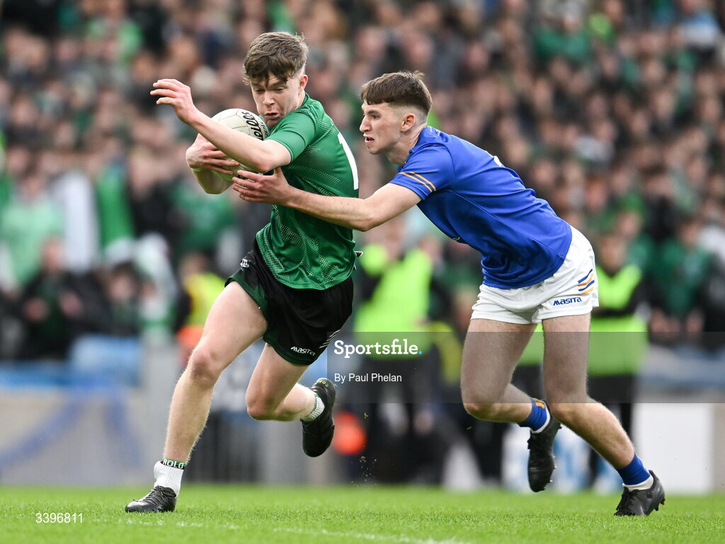 17 March 2026; Stephen McWade of Coláiste Mhuire, Mullingar is tackled by Michael Enright of Tralee CBS during the Masita GAA Post Primary Schools Hogan Cup final match between Coláiste Mhuire Mullingar, Westmeath, and Tralee CBS, Kerry, at Croke Park in Dublin. Photo by Paul Phelan/Sportsfile