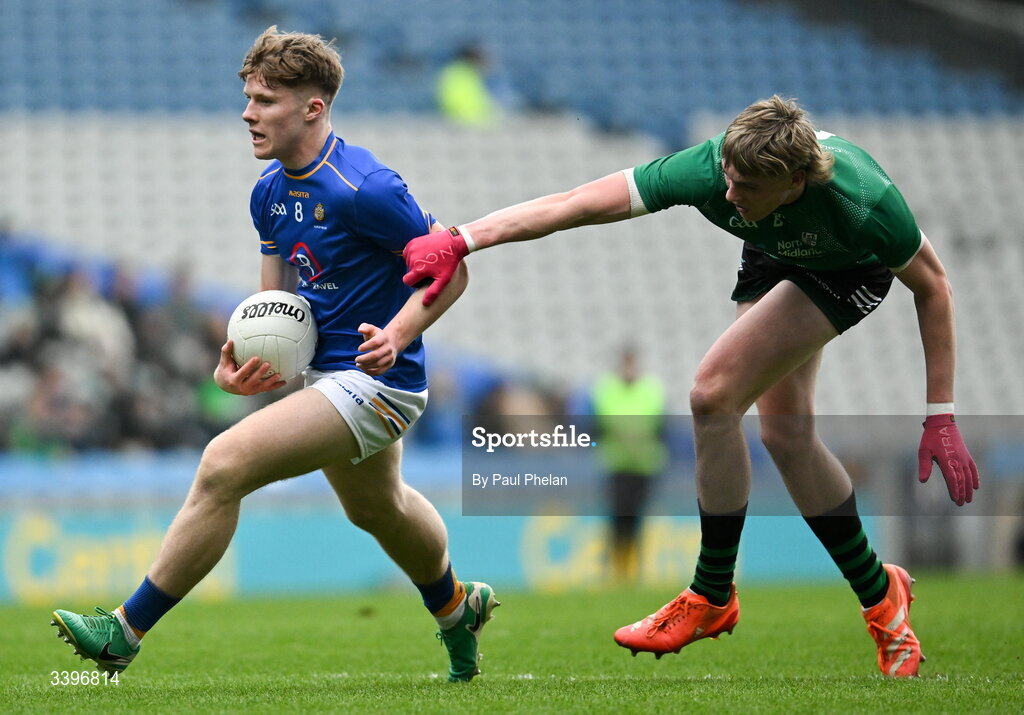 17 March 2026; Máirtín McKivergan of Tralee CBS is tackled by Críostóir Ormsby of Coláiste Mhuire, Mullingar during the Masita GAA Post Primary Schools Hogan Cup final match between Coláiste Mhuire Mullingar, Westmeath, and Tralee CBS, Kerry, at Croke Park in Dublin. Photo by Paul Phelan/Sportsfile
