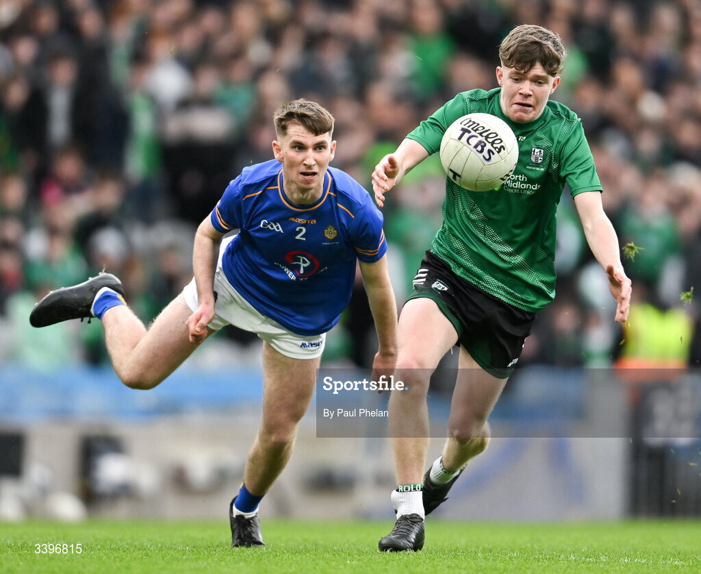 17 March 2026; Stephen McWade of Coláiste Mhuire, Mullingar is tackled by Michael Enright of Tralee CBS during the Masita GAA Post Primary Schools Hogan Cup final match between Coláiste Mhuire Mullingar, Westmeath, and Tralee CBS, Kerry, at Croke Park in Dublin. Photo by Paul Phelan/Sportsfile