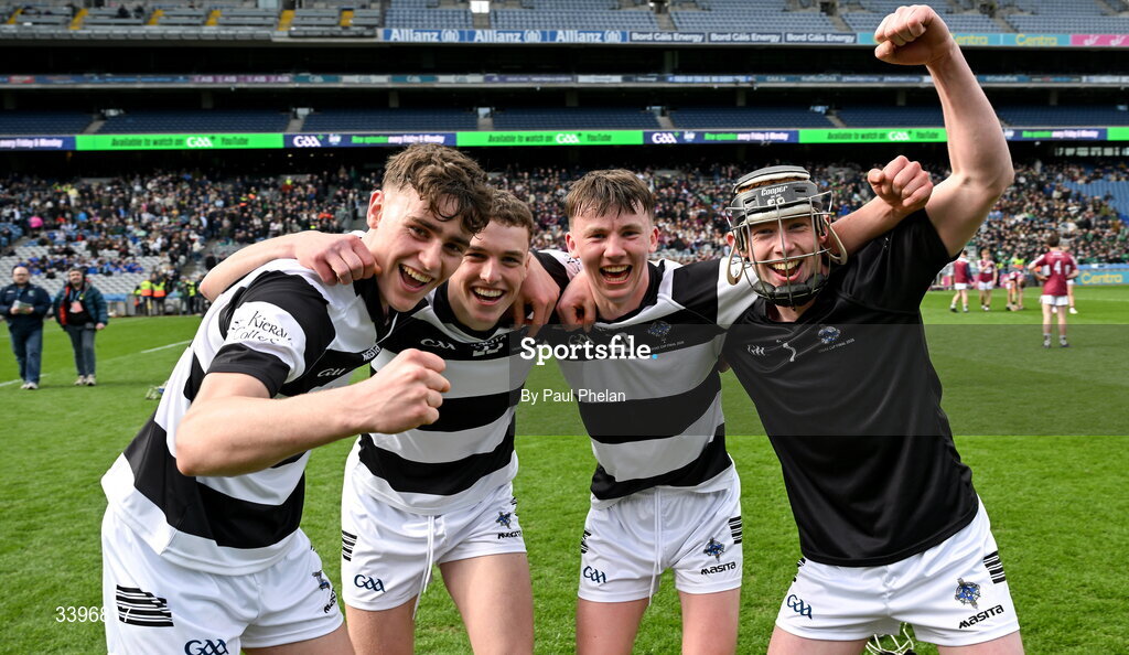 17 March 2026; Dan Carroll, Hugh Whelan and Cian Dermody of St Kieran's College celebrate after the Masita GAA Post Primary Schools Croke Cup final match between Presentation College Athenry, Galway, and St Kieran's College, Kilkenny, at Croke Park in Dublin. Photo by Paul Phelan/Sportsfile