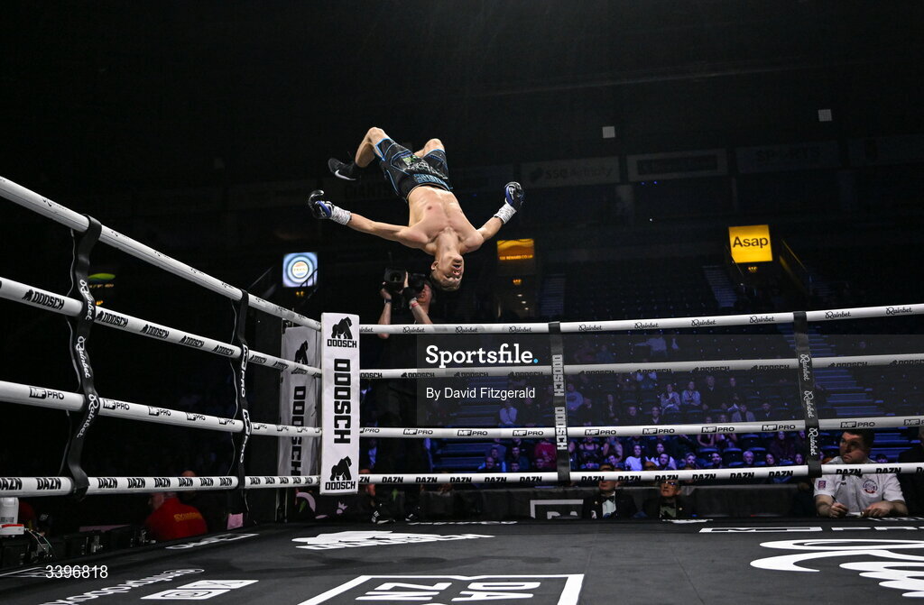 20 March 2026; Codie Smith celebrates his victory over Lee Gormley during their super featherweight bout at the SSE Arena in Belfast. Photo by David Fitzgerald/Sportsfile
