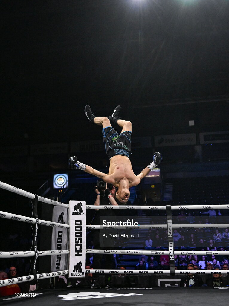 20 March 2026; Codie Smith celebrates his victory over Lee Gormley during their super featherweight bout at the SSE Arena in Belfast. Photo by David Fitzgerald/Sportsfile