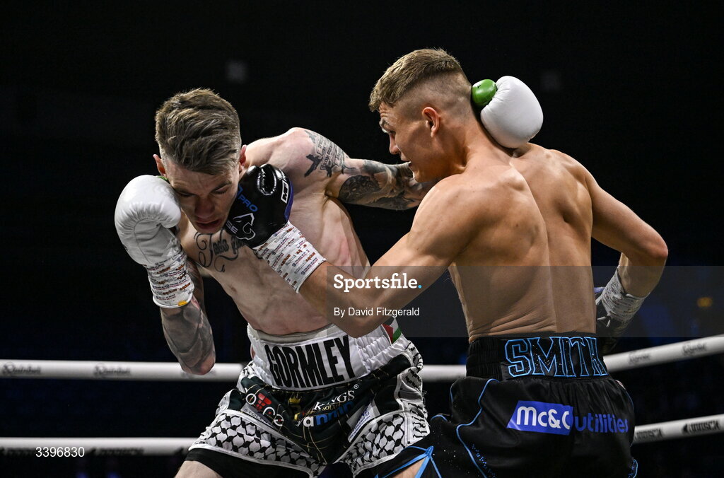 20 March 2026; Codie Smith, right, in action against Lee Gormley during their super featherweight bout at the SSE Arena in Belfast. Photo by David Fitzgerald/Sportsfile