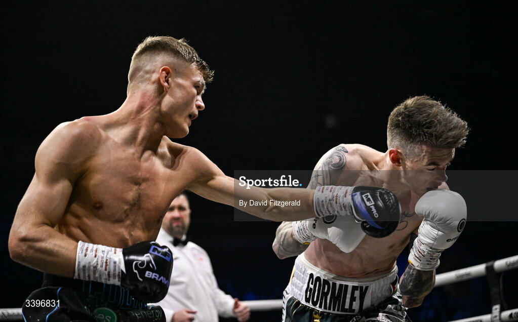 20 March 2026; Codie Smith, left, in action against Lee Gormley during their super featherweight bout at the SSE Arena in Belfast. Photo by David Fitzgerald/Sportsfile