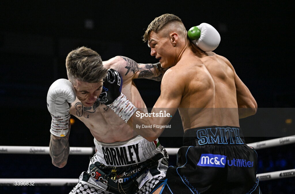 20 March 2026; Codie Smith, right, in action against Lee Gormley during their super featherweight bout at the SSE Arena in Belfast. Photo by David Fitzgerald/Sportsfile