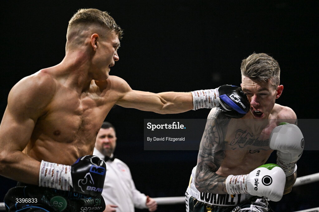 20 March 2026; Codie Smith, left, in action against Lee Gormley during their super featherweight bout at the SSE Arena in Belfast. Photo by David Fitzgerald/Sportsfile