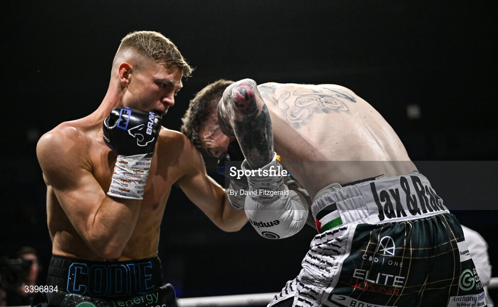 20 March 2026; Codie Smith, left, in action against Lee Gormley during their super featherweight bout at the SSE Arena in Belfast. Photo by David Fitzgerald/Sportsfile
