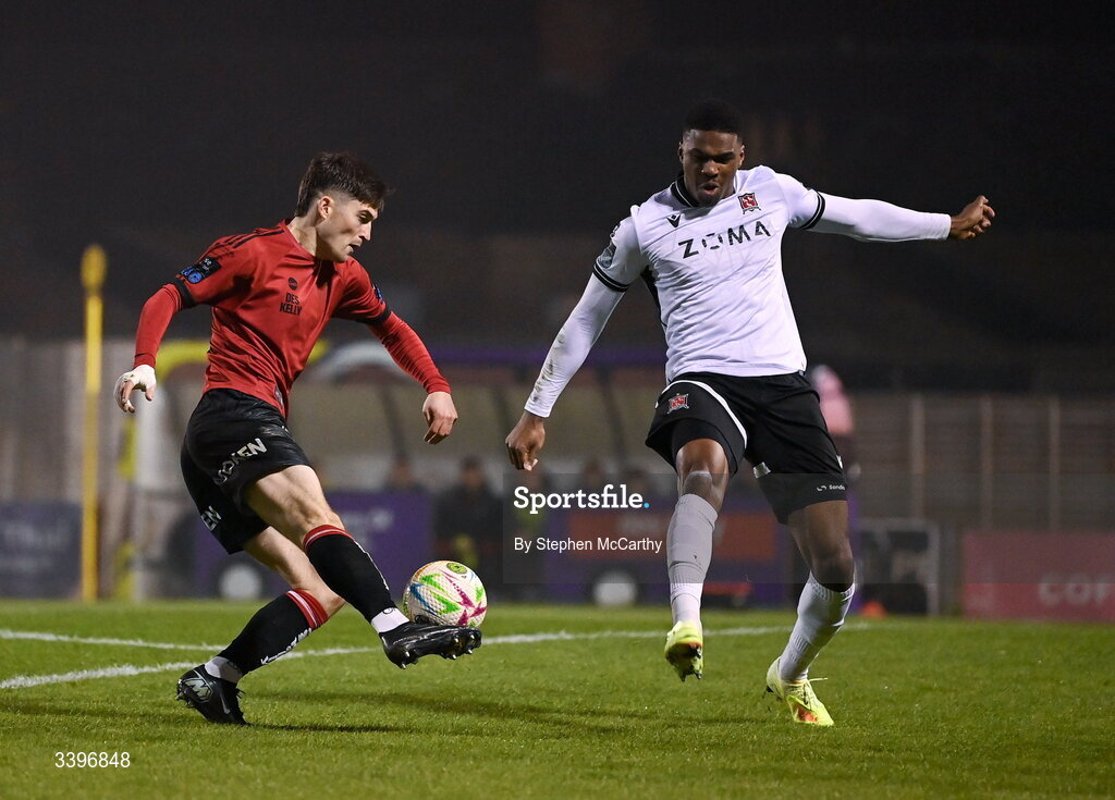 20 March 2026; Colm Whelan of Bohemians in action against Mayowa Animasahun of Dundalk during the SSE Airtricity Men's Premier Division match between Bohemians and Dundalk at Dalymount Park in Dublin. Photo by Stephen McCarthy/Sportsfile