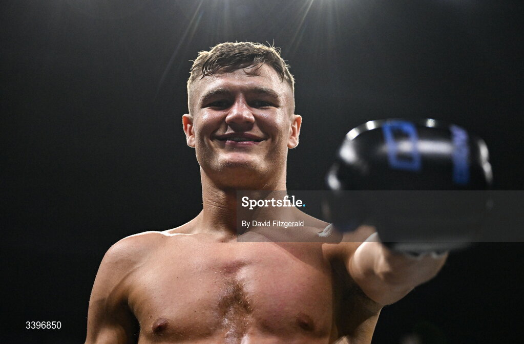 20 March 2026; Codie Smith celebrates his victory over Lee Gormley during their super featherweight bout at the SSE Arena in Belfast. Photo by David Fitzgerald/Sportsfile