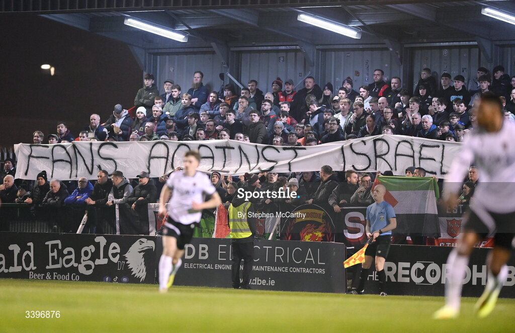 20 March 2026; Dundalk supporters hold up a banner during the SSE Airtricity Men's Premier Division match between Bohemians and Dundalk at Dalymount Park in Dublin. Photo by Stephen McCarthy/Sportsfile