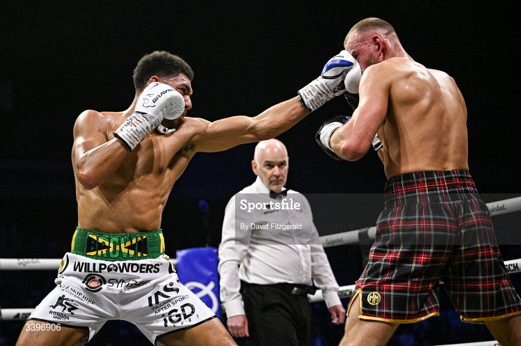 20 March 2026; Niall Browne, left, in action against Darren Johnstone during their British Super Middleweight Eliminator bout at the SSE Arena in Belfast. Photo by David Fitzgerald/Sportsfile