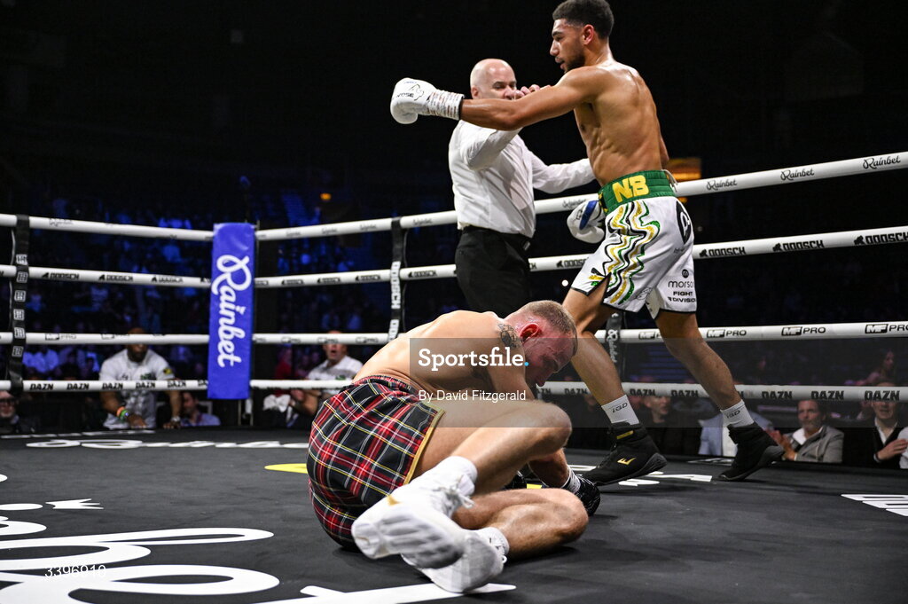 20 March 2026; Darren Johnstone reacts after being knocked down by Niall Browne during their British Super Middleweight Eliminator bout at the SSE Arena in Belfast. Photo by David Fitzgerald/Sportsfile