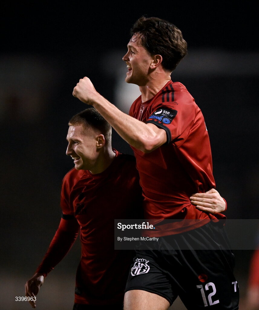 20 March 2026; Patrick Hickey, right, of Bohemians celebrates with team-mate Ross Tierney after scoring their side's first goal during the SSE Airtricity Men's Premier Division match between Bohemians and Dundalk at Dalymount Park in Dublin. Photo by Stephen McCarthy/Sportsfile