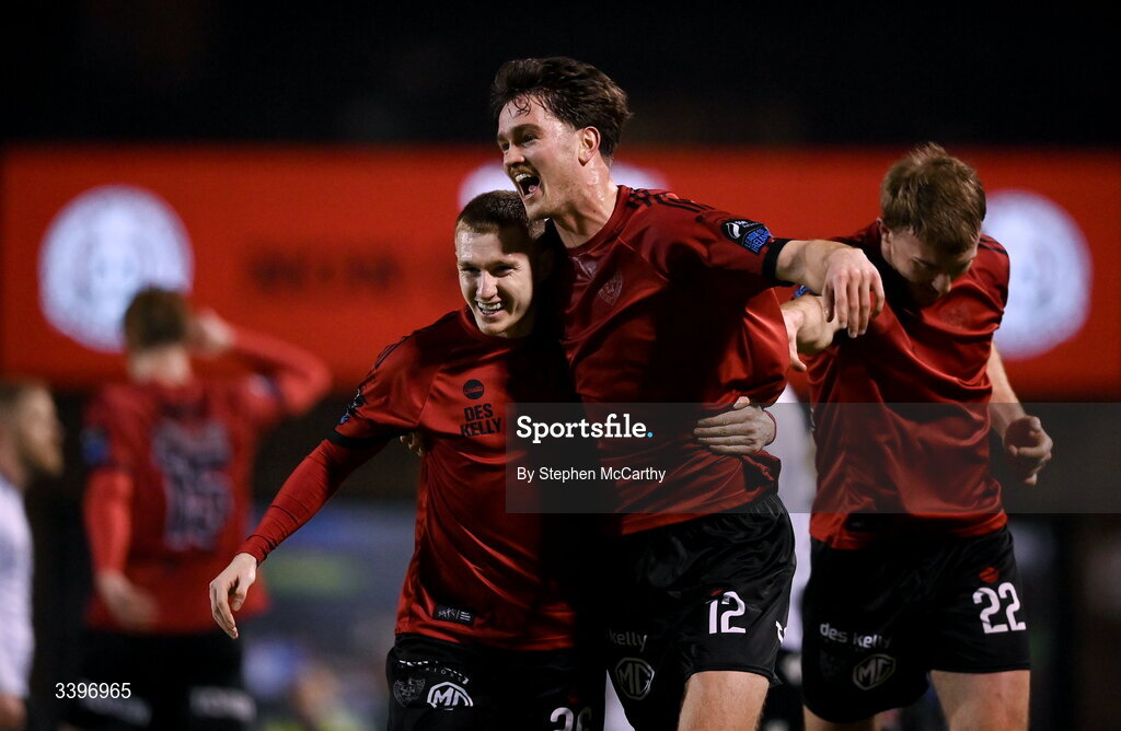 20 March 2026; Patrick Hickey, right, of Bohemians celebrates with team-mate Ross Tierney after scoring their side's first goal during the SSE Airtricity Men's Premier Division match between Bohemians and Dundalk at Dalymount Park in Dublin. Photo by Stephen McCarthy/Sportsfile